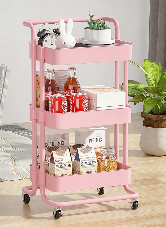 RollsTimi  3 Tier Rolling Cart with Lockable Wheels and Handle, Three Tiered Pink Trolley Cart on Wheels, Utility Storage Organizer for Bathroom, Kitchen, Teachers, Art, Crafts, Snack, Nail - Image 5